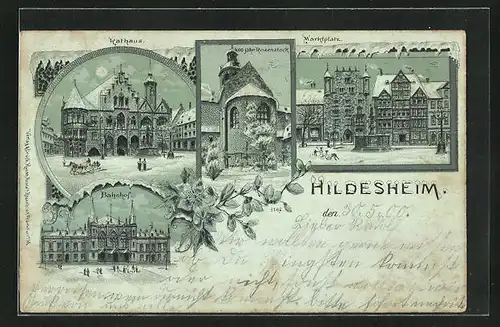 Winter-Lithographie Hildesheim, Bahnhof, Rathaus im Mondschein, Marktplatz