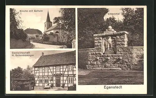 AK Egenstedt, Gasthaus H. Schenkemeyer, Ehrenmal, Kirche mit Schule