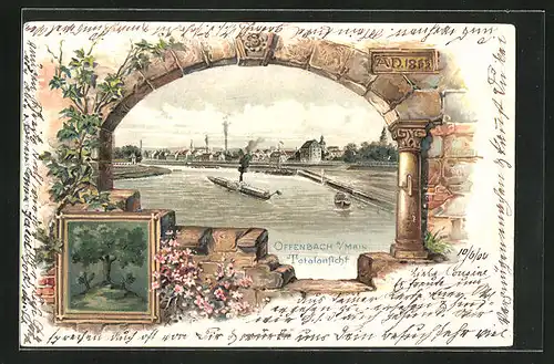 Passepartout-Lithographie Offenbach /Main, Dampfer auf dem Main, Blick auf die Stadt