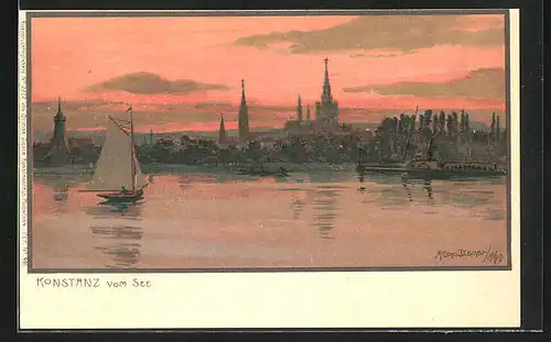 Künstler-AK Zeno Diemer: Konstanz, Ortsansicht vom See her, Abendstimmung