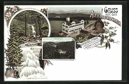 Lithographie Kniebis /Württemb. Schwarzwald, Gasthaus u. Pension Alexanderschanze, Ellbachsee, Sankenbacher Wasserfälle