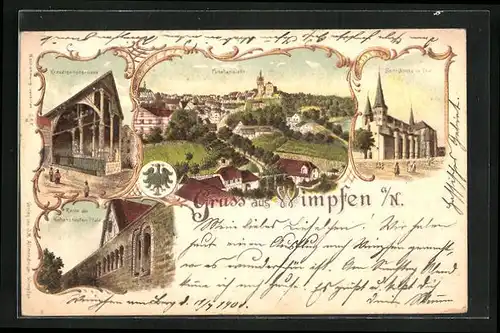 Lithographie Wimpfen a /N., Stiftskirche im Thal, Reste der Hohenstaufen-Pfalz, Kreuzigungsgruppe