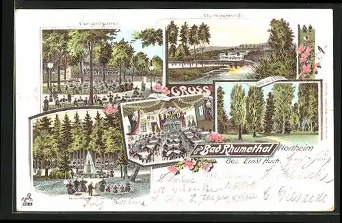 Lithographie Northeim, Bad Rhumethal, Konzertgarten, Inneres Saal, Veranda zur Fontaine