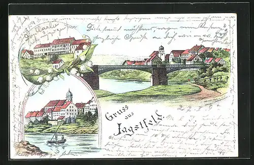 Lithographie Jagstfeld, Teilansicht mit Brücke, Uferpartie und Boot, Ortspartie