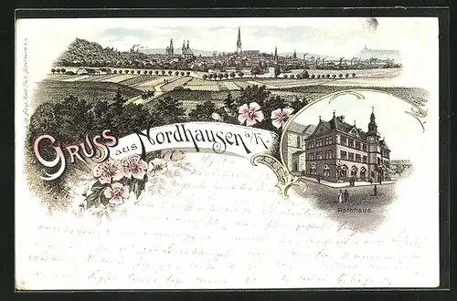 Lithographie Nordhausen a /H., Teilansicht, Rathaus