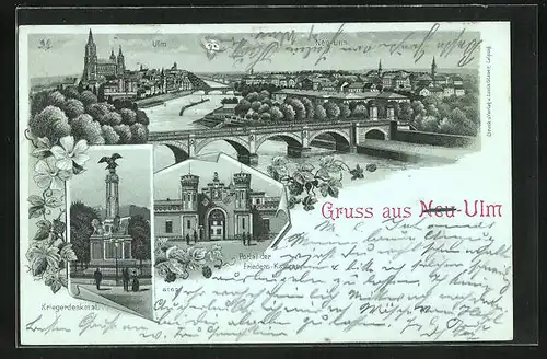 Mondschein-Lithographie Neu-Ulm, Portal der Friedens-Kaserne, Kriegerdenkmal