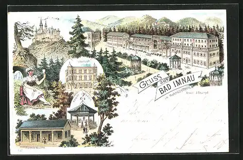Lithographie Bad Imnau in Hohenzollern, Fürsten-Quelle, Erkerbau, Kaspar-Quelle