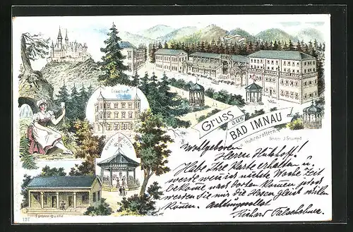 Lithographie Bad Imnau in Hohenzollern, Fürsten-Quelle, Erkerbau, Kaspar-Quelle