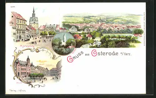 Lithographie Osterode a. Harz, Teilansicht, Marktplatz, Post