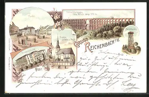 Lithographie Reichenbach i /V., Göltzschthalbrücke, Brügerschule, Kirche St. Petri u. Pauli