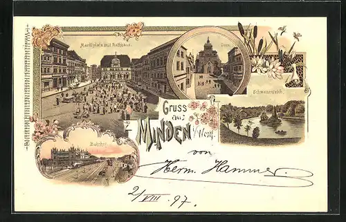 Lithographie Minden i. Westf., Marktplatz mit Rathaus, Dom, Schwanenteich