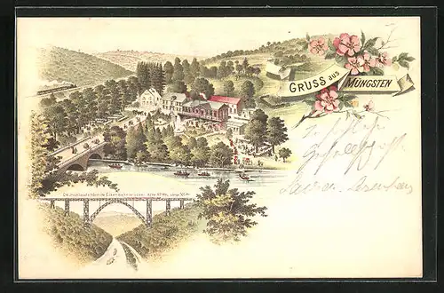 Lithographie Müngsten, Ortspartie mit Hotel, Eisenbahnbrücke