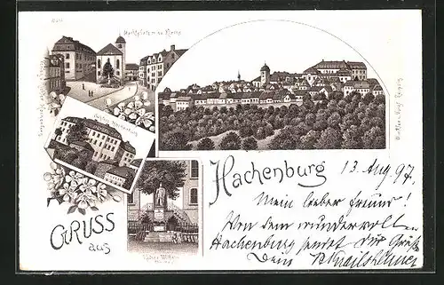 Lithographie Hachenburg, Marktplatz m. ev. Kriche, Schloss Hachenburg, Kaiser Wilhelm Denkmal