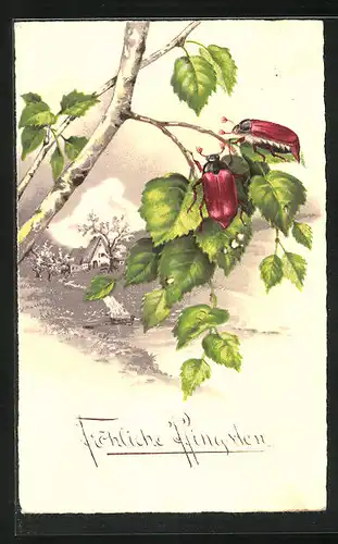 AK Zwei Maikäfer auf Zweigen in sommerlicher Landschaft, Pfingstgruss