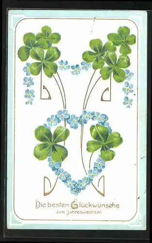 Präge-AK Blumenbild mit Kleeblättern und Vergissmeinnicht