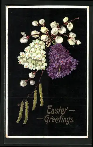 AK Blumenbild mit Weidenkätzchen und Glocken