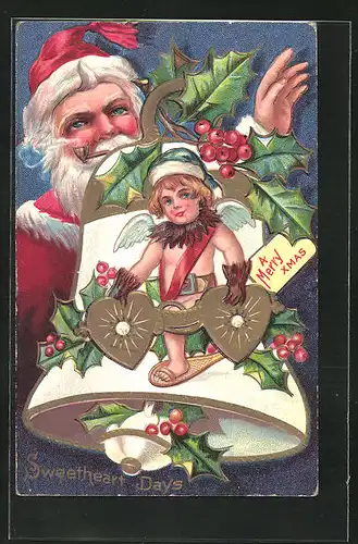 Präge-AK Weihnachtsmann mit Pfeife hinter Engel auf Glocke