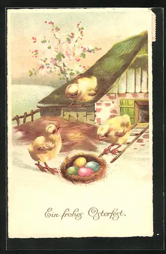 Künstler-AK Nest mit Ostereiern, Osterküken