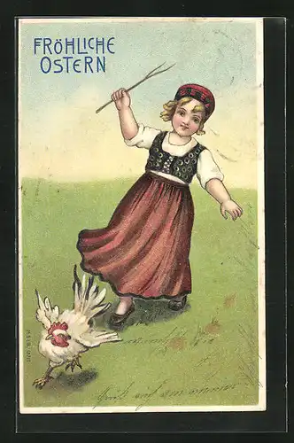 Präge-AK Ostern, Mädchen verfolgt Huhn