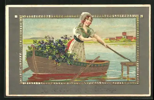 Präge-AK Frau mit Blumen auf Ruderboot, Geburtstags Glückwünsche