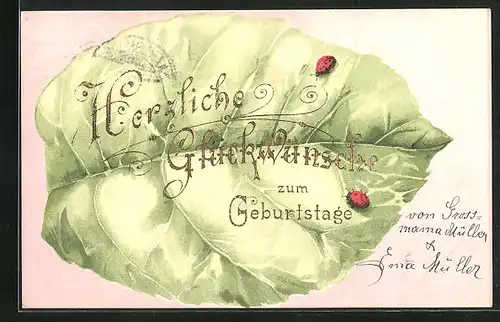 AK Glückwünsche zum Geburtstag, Blatt mit Marienkäfern