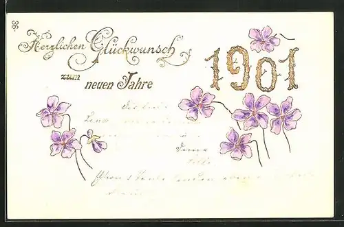 Präge-AK Glückwunsch für das Jahr 1901, Blumen