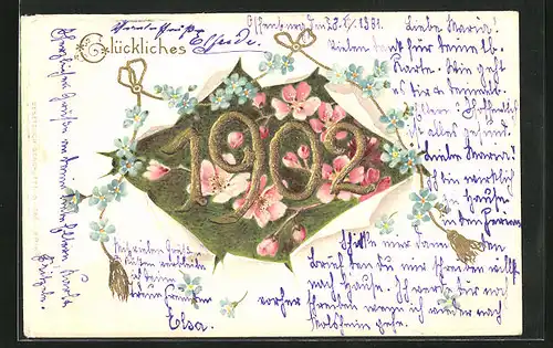 Präge-AK Neujahr 1902, Blumen