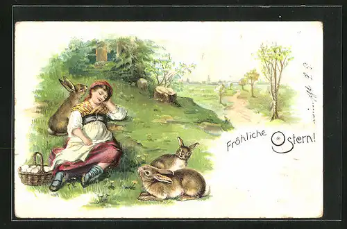 AK Frau mit Korb voller Eier sitzt auf der Wiese, Osterhasen