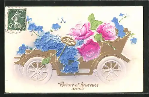 Präge-AK Geburtstagsglückwünsche, Auto mit Blumen bestückt