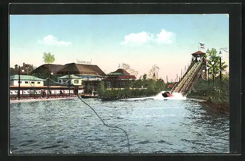 AK Leipzig, Internationale Baufachausstellung 1913, Wasserrutschbahn neben Tanzpalast