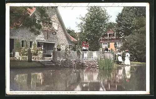 AK Stuttgart, Bauausstellung 1908, Teilansicht von einem Restaurant am See mit edel gekleideten Gästen