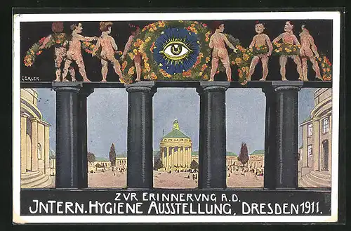 AK Dresden, Internationale Hygiene Ausstellung 1911, Thermen-ähnliche Gebäude mit Säulen