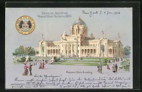 Lithographie St. Louis, World`s Fair 1904, Missouri State Building, Ausstellung