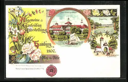 Lithographie Hamburg, Allgemeine Gartenbauausstellung 1897, Hauptgebäude, Hängebrücke & Eingang b. Millerntor