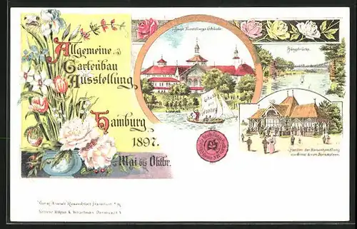 Lithographie Hamburg, Allgemeine Gartenbauausstellung 1897, Hauptgebäude, Hängebrücke & Pavillion d. Samenhandlung