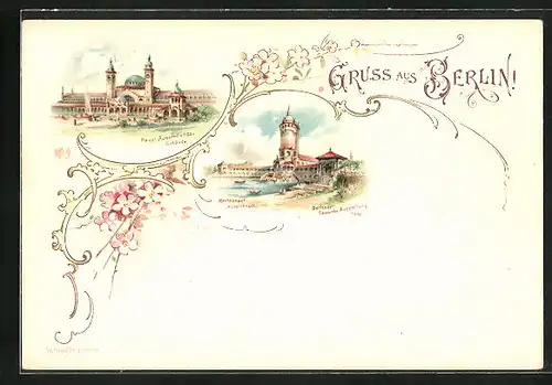 Lithographie Berlin, Gewerbe-Ausstellung 1896, Haupt-Ausstellungsgebäude, Restaurant Aussichtsturm