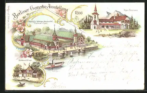 Lithographie Berlin, Gewerbe-Ausstellung 1896, Alpen-Panorama, Gebäude f. Fischerei & Genussmittel, Spreewaldhaus