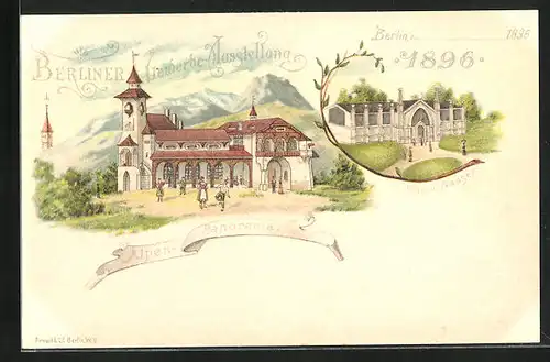 Lithographie Berlin, Gewerbe-Ausstellung 1896, Alpen-Panorama, Gebäude f. Gas & Wasser