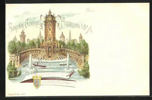 Lithographie Berlin, Gewerbe-Ausstellung 1896, Hauptrestaurant Aussichtsturm