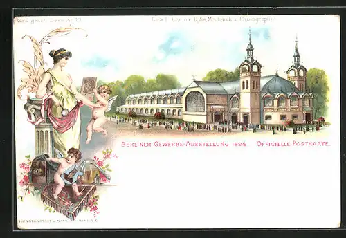 Lithographie Berlin, Gewerbe-Ausstellung 1896, Geb. f. Chemie, Optik, Mechanik & Photografie, kleine Amoretten m. Kamera