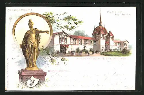 Lithographie Berlin, Gewerbe-Ausstellung 1896, Pavillon der Stadt Berlin, Statue