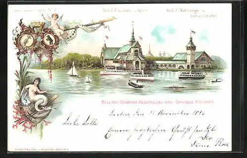 Lithographie Berlin, Gewerbe-Ausstellung 1896, Geb. f. Fischerei und Sport, Geb. f. Nahrungs- und Genussmittel