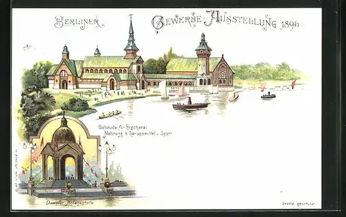 Lithographie Berlin, Gewerbe-Ausstellung 1896, Geb. für Fischerei, Nahrung & Genussmittel, Dampferanlegestellle