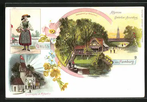 Lithographie Hamburg, Allgemeine Gartenbau-Ausstellung, Dame in Tracht