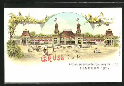 Lithographie Hamburg, Allgemeine Gartenbau-Ausstellung 1897, Cafe Felber