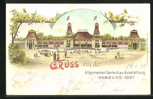 Lithographie Hamburg, Allgemeine Gartenbau-Ausstellung 1897, Cafe Felber