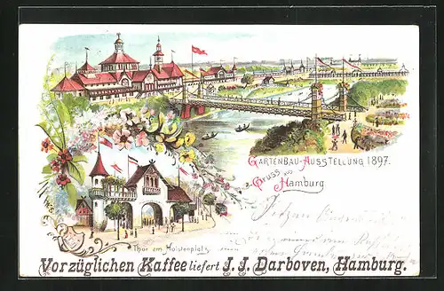 Lithographie Hamburg, Allgemeine Gartenbau-Ausstellung 1897, Reklame Kaffee J. J. Darboven