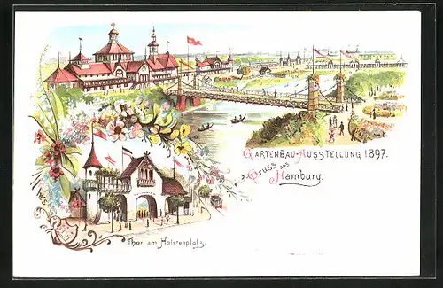 Lithographie Hamburg, Allgemeine Gartenbau-Ausstellung 1897, Thor am Holstenplatz