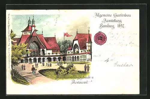 Lithographie Hamburg, Allgemeine Gartenbau-Ausstellung 1897, Restaurant und Ausstellungsgebäude
