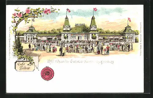 Lithographie Hamburg, Allgemeine Gartenbau-Ausstellung 1897, Voll besuchtes Cafe Felber